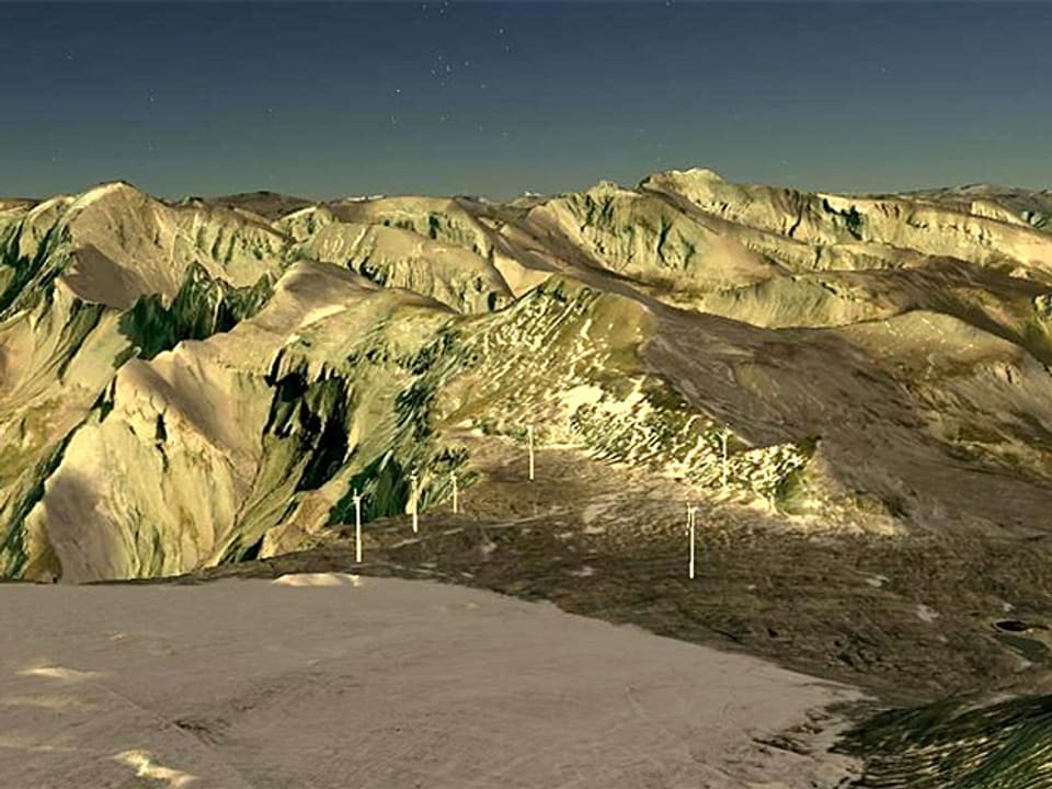Visualisierung: Blick auf Windräder, im Hintergrund Berge