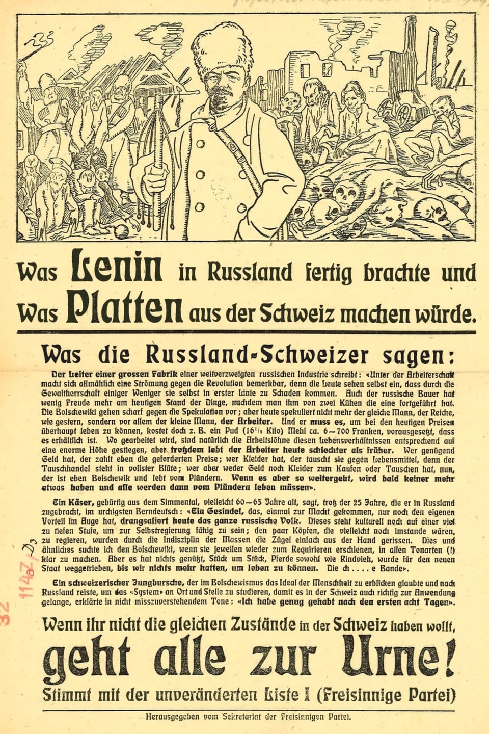 Blatten, der «rote Teufel»? Flugblatt der Freisinnigen Partei von 1919.