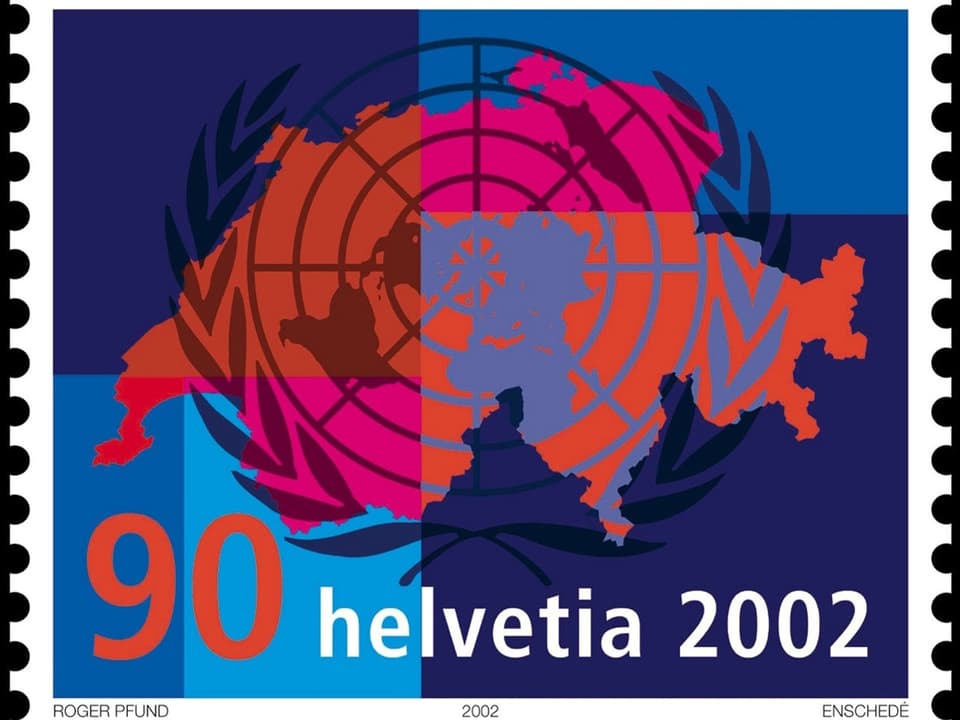 Blau-rote Briefmarke mit der Schweiz im Zentrum, darüber liegt das Uno-Logo.