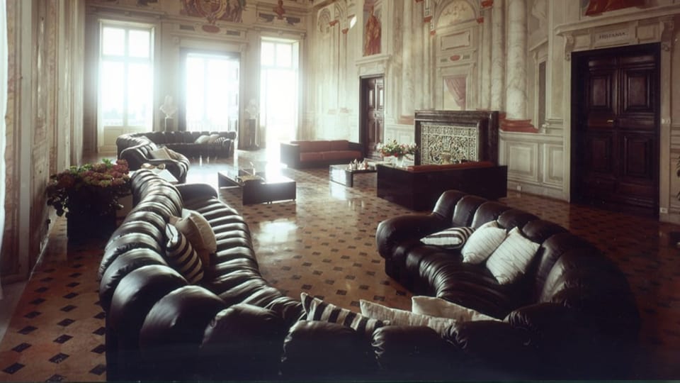 Foto eines luxuriösen Raums mit langem, gewundenem, dunklen Ledersofa