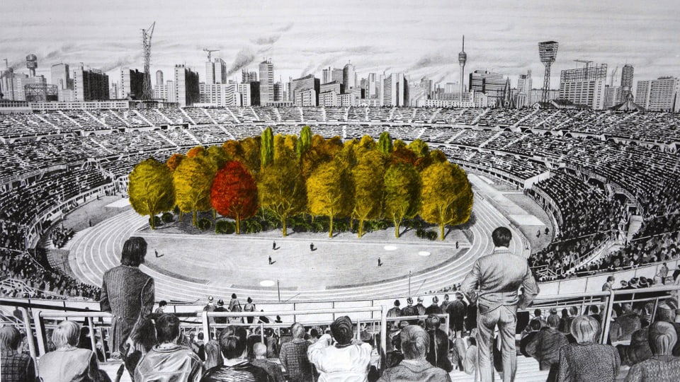 Eine Zeichnung eines Fussballstadions, in der Mitte auf dem Spielfeld steht ein Wald.