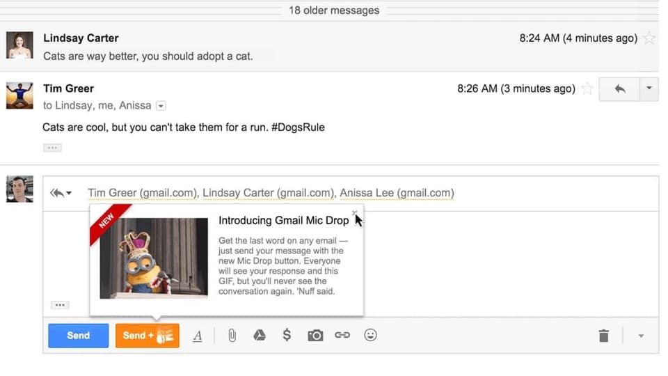 Screenshot von Gmail mit Micdrop funktion