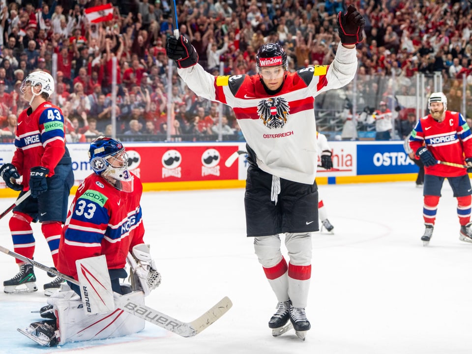 Celebrating his teammate's 3-0 win An ice hockey player celebrates a goal during a game against Norway.