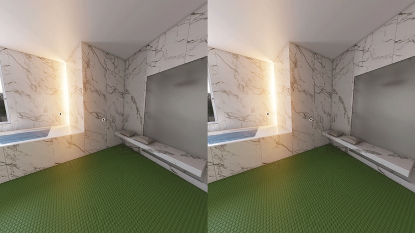 Das Bild eines Raumes in Virtual-Reality-Darstellung, das zwischen verschiedenen Bodenfarben und Wandmaterialien wechselt.