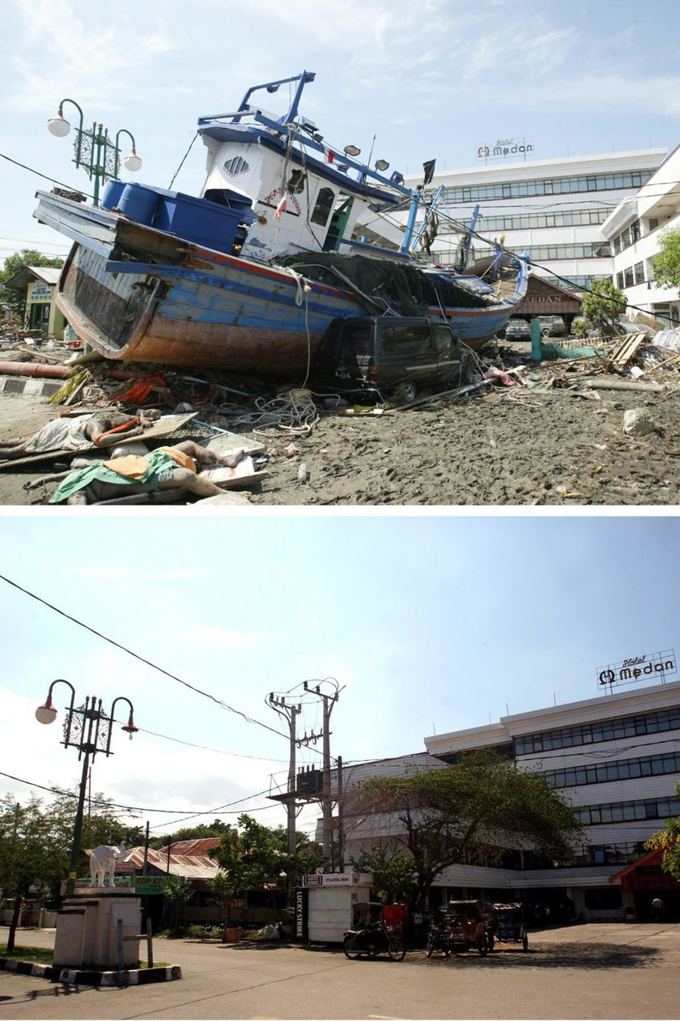 Ein Schiff liegt vor einem völlig zerstörten Hotel. Im zweiten Bild ist der Platz leergefegt. (keystone)