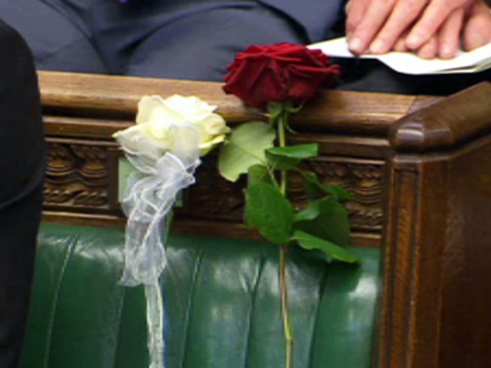 Zwei Rosen – eine weisse und eine rote – stecken am leeren Platz der ermordeten Abgeordneten Jo Cox.