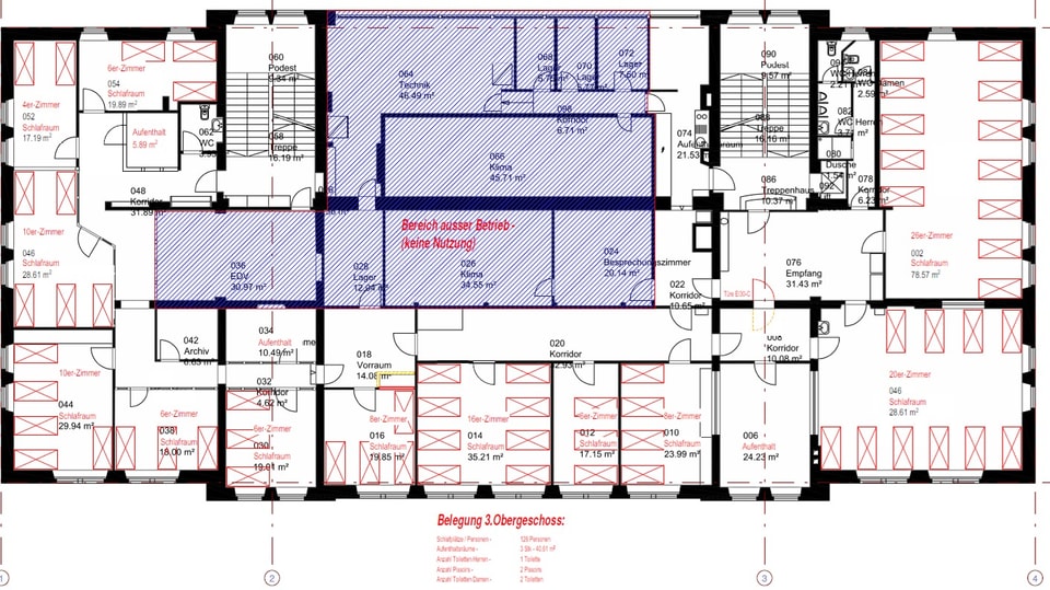 Ein Bauplan eines Stockwerks zeigt die Raumaufteilung der Asyl-Unterkunft. Es hat rund ein Duzend Zimmer. 
