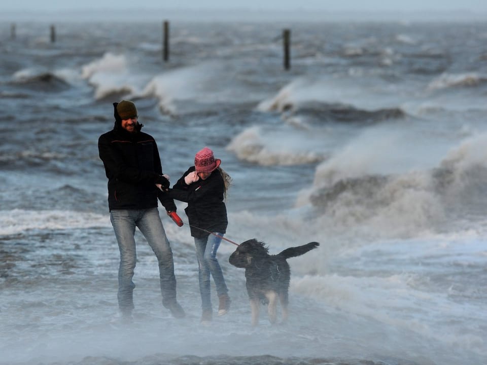 Pärchen mit Hund trotzen starken Winden bei Strandspaziergang