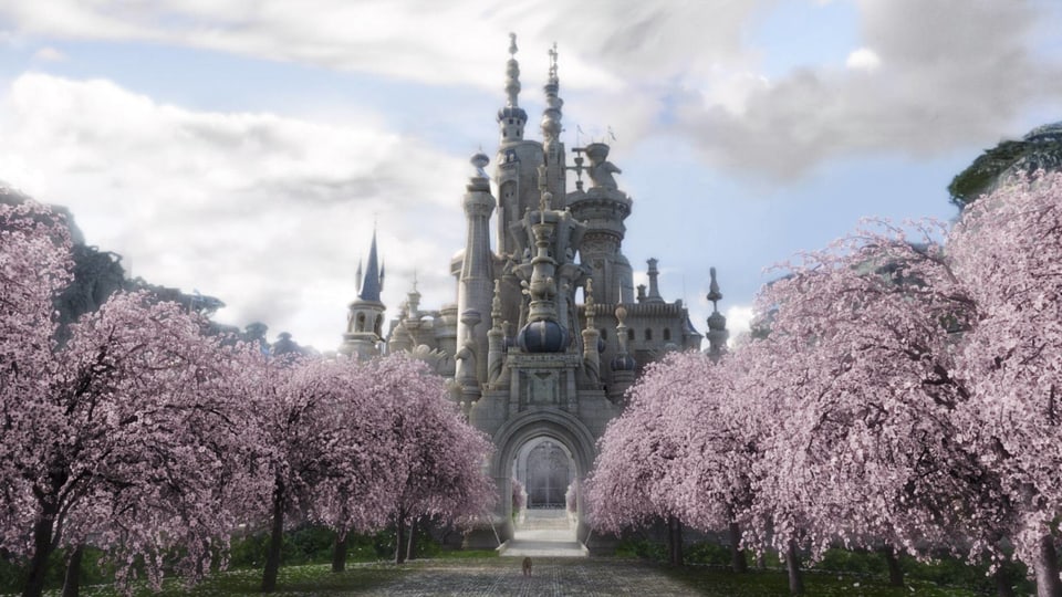 Auf dem Bild ist ein prachtvolles Schloss und eine wunderschöne Allee mit rosa blühenden Bäumen zu sehen.