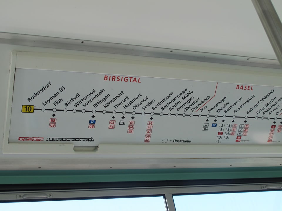Tafel Haltestellen Tram von Basel SBB nach Rodersdorf. 