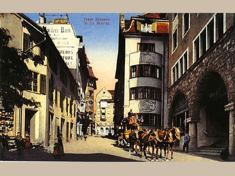 Zeichnung einer Stadt, mit Pferdekutsche.