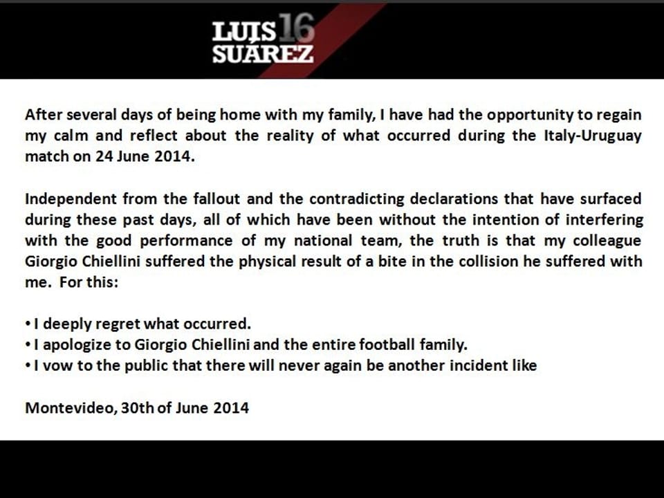 Luis Suarez' Entschuldigungsschreiben