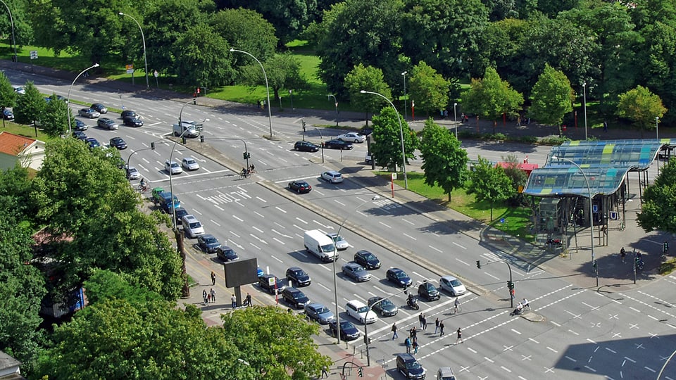 Eine mehrspurige Kreuzung, umgeben von Bäumen und Grünflächen in der Stadt Hamburg.