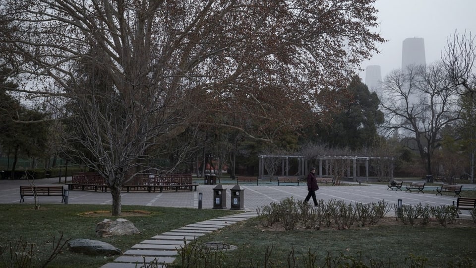 Mann spaziert in einem öffentlichen Park. Die Sitzbänke sind leer. Er scheint der einzige Mensch in diesem Park zu sein.