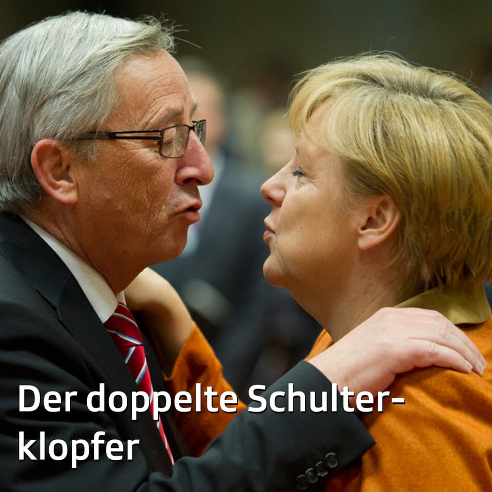 Bundeskanzlerin Angela Merkel kriegt zwei schüchterne Backenbusserl. Und es ist eindeutig: Deutschland und die EU halten aneinander fest, wenn auch ohne hinzuschauen. 