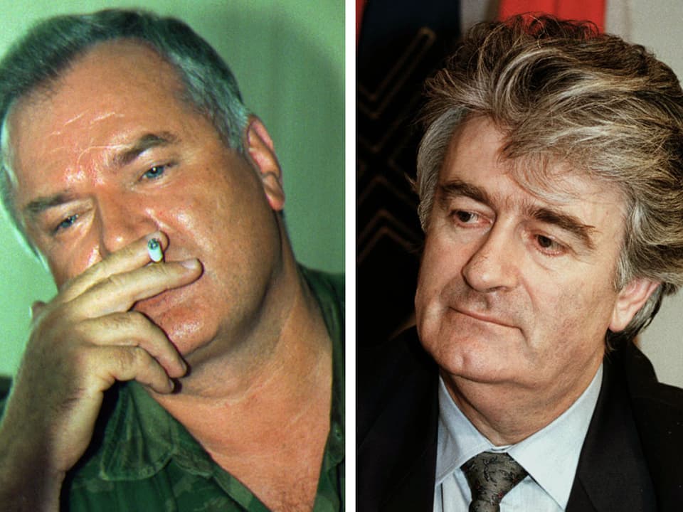 Fotos von Ratko Mladić (links) und Radovan Karadžić (rechts)