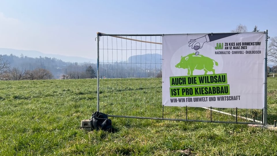 Plakat mit einer grünen Wildsau und Werbung für Annahme der neuen Kiesgrube