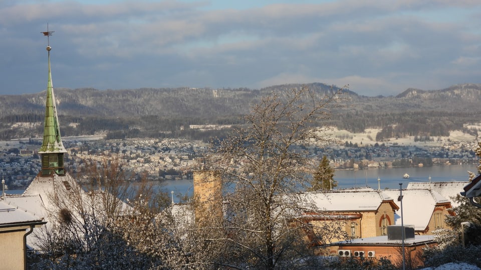 Blick von Uetikon am See auf den Zürichsee und die verschneite Albiskette.