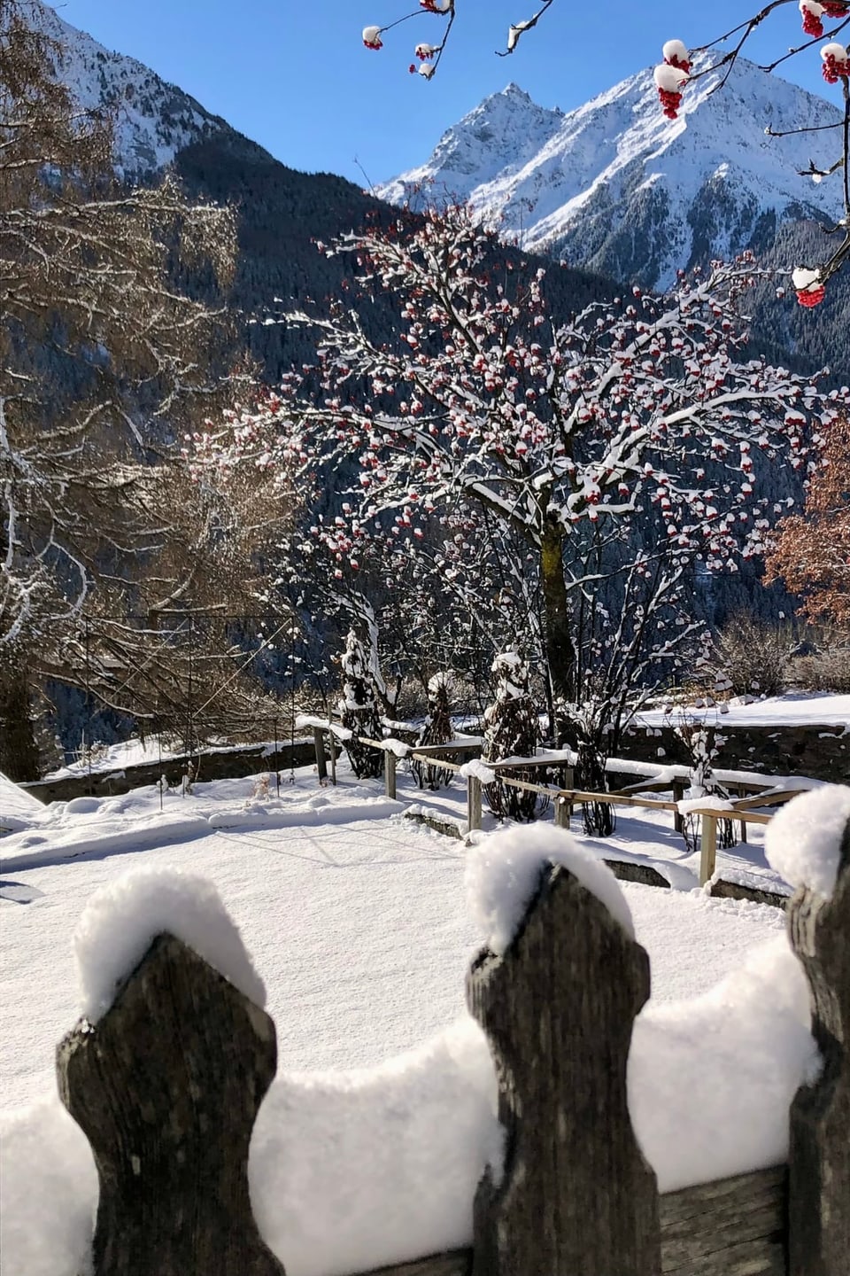 Winterlandschaft bei blauem Himmel.