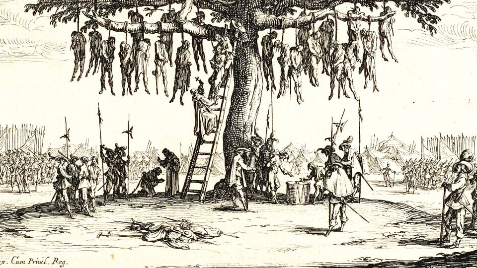 Zeichnung eines grossen Baumes, an dessen Äste zahlreiche Menschen erhängt werden.