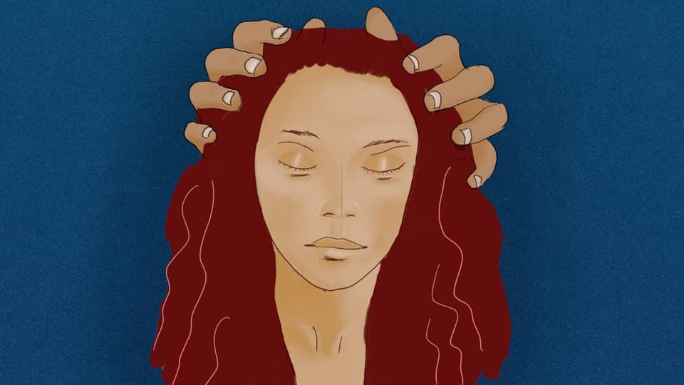 Illustration Mädchen mit braunen Wellen, Gesicht mit geschlossenen Augen, zwei Hände auf ihren Hinterkopf gelegt.