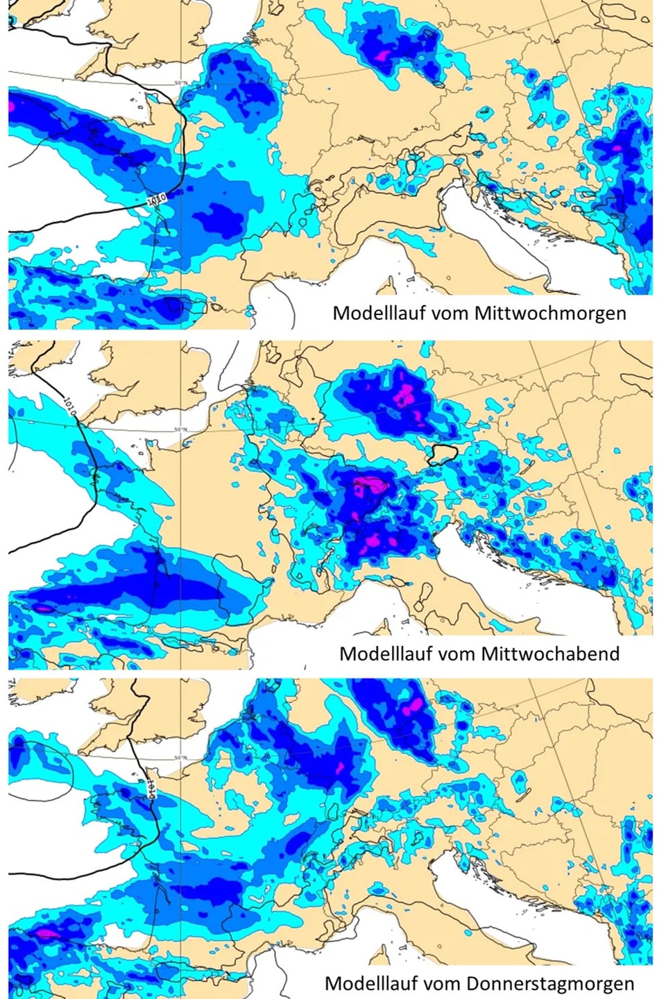 Wettermodellkarten für Mittwochmorgen, Mittwochabend und Donnerstagmorgen mit Niederschlagsprognosen.
