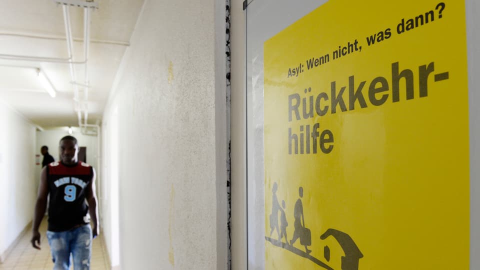 Ein Plakat hängt im Gang eines Asylzentrums in Zürich mit dem Titel "Rückkehrhilfe". 