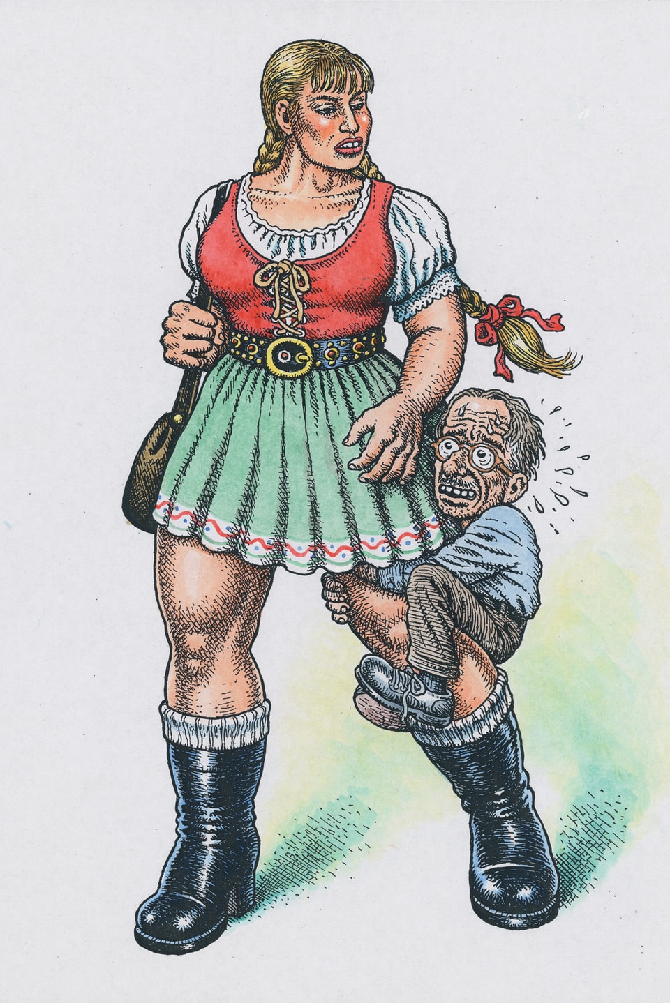 Riesige Frau mit kleinem Mann am Bein