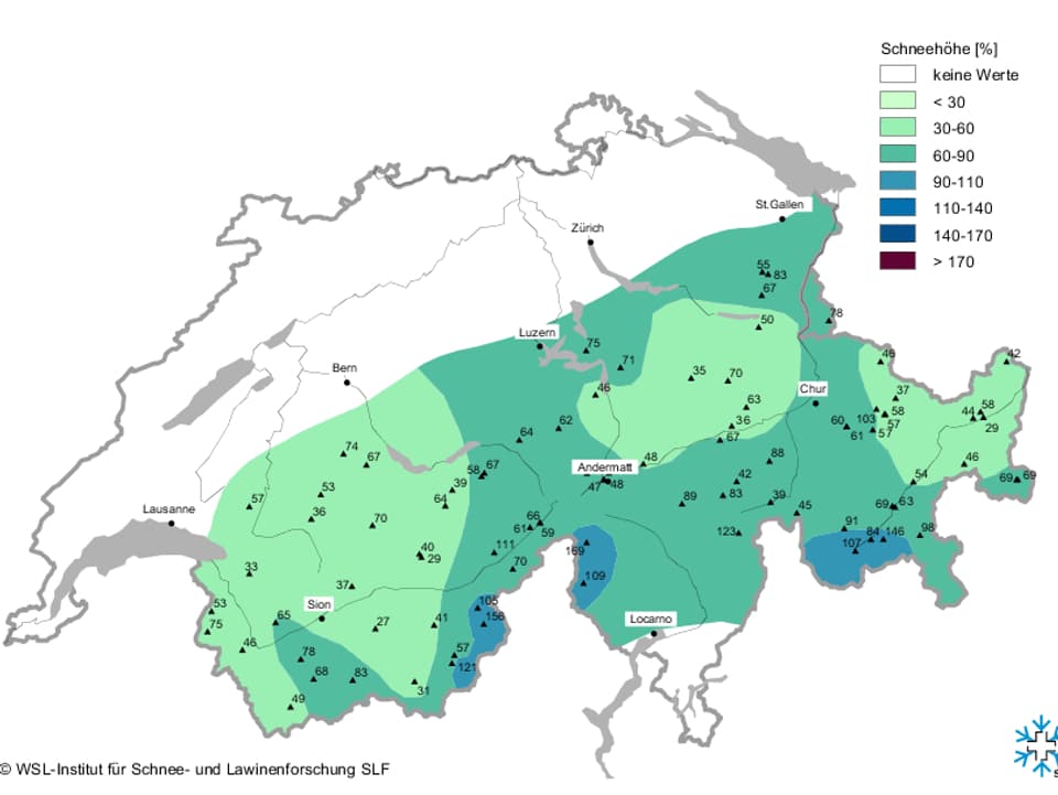 Schweizer Karte der Schneehöhe im Vergleich zum langjährigen Mittel