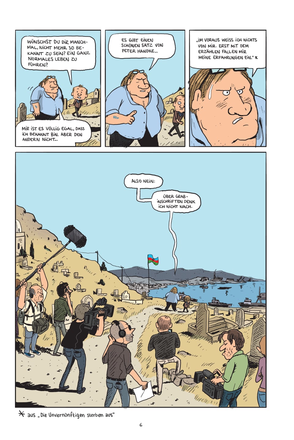 Comic-Zeichnung: Depardieu mit einem Filmteam.