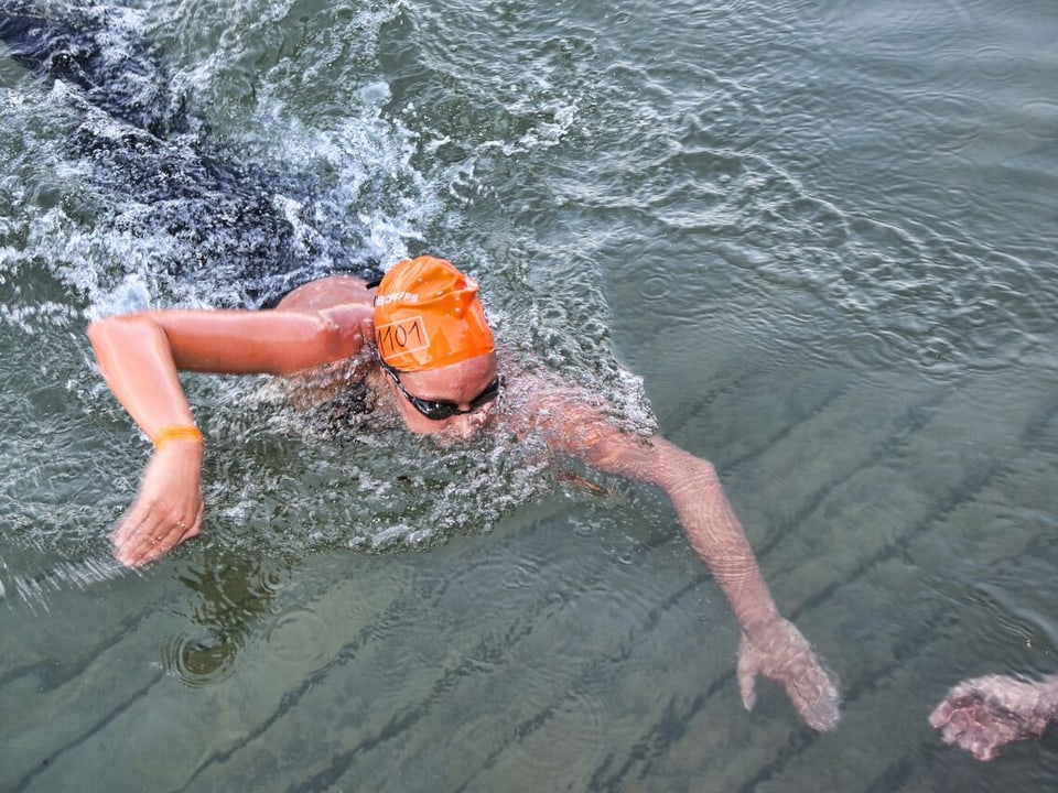 Schwimmerin erreicht das Ufer