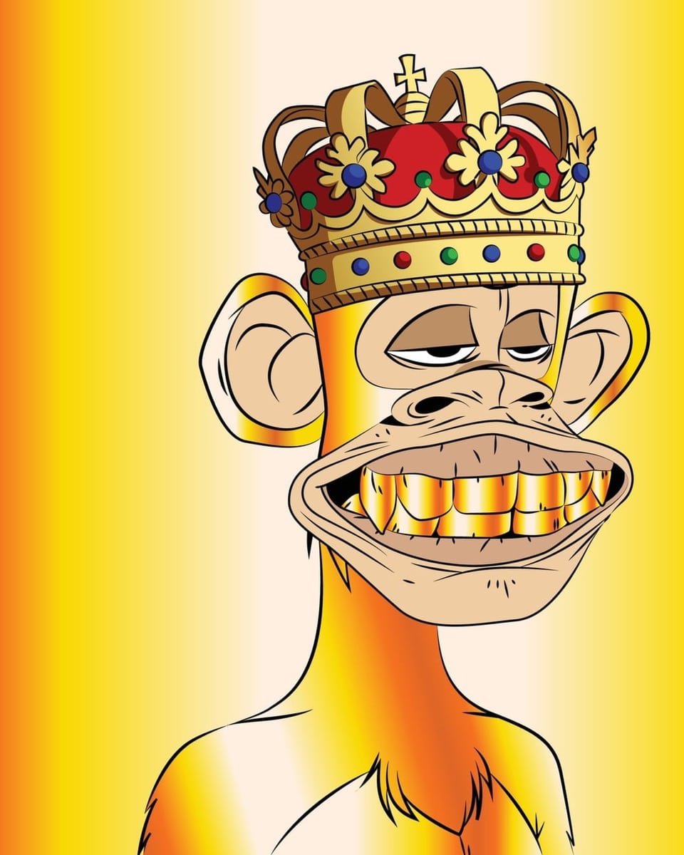 Comic-Affe, der mit Goldzähnen breit grinst und eine Krone trägt