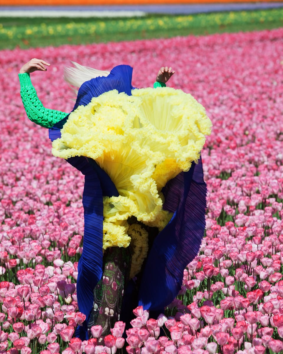 Ein Frau in einem Blumenfeld, durch ihre Bewegung wird ihr Rock hochgehoben, sodass man ihr Gesicht nicht sieht.