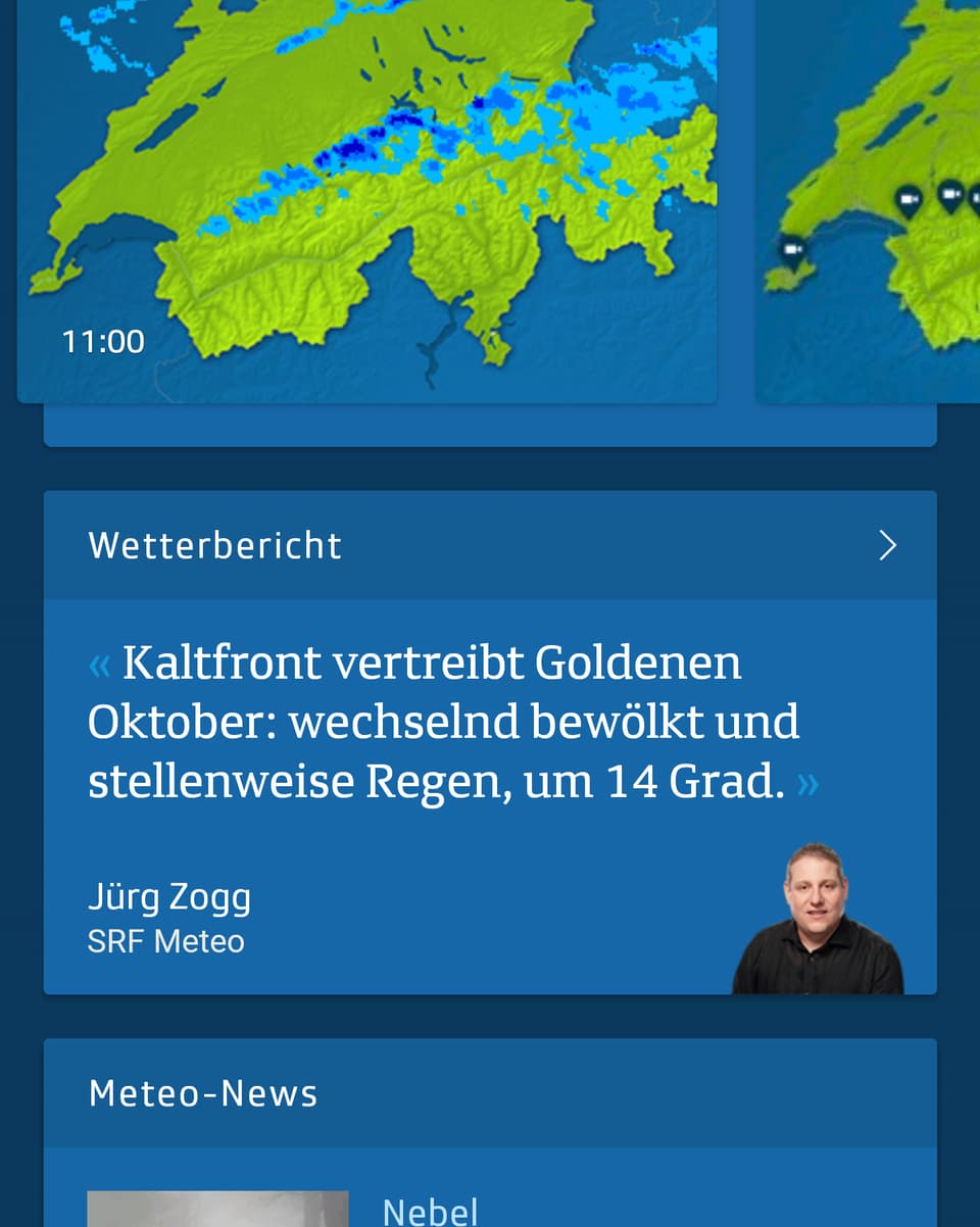 Ein Screenshot der App zeigt den Einstieg zum Wetterbericht.