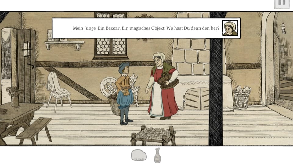 Screenshot des Spiels. Ein Junge und eine alte Frau stehen in einem Raum.