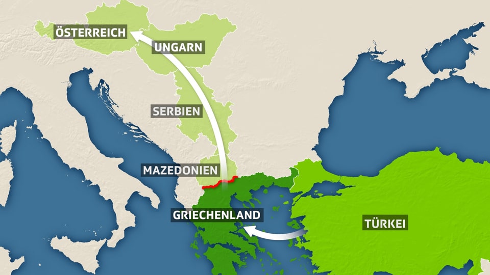 Karte der Balkanroute von der Türkei über Griechenland nach Österreich und Deutschland.