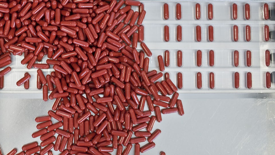 Eine Maschine verteilt rote Arzneikapseln in Blisterpackungen.