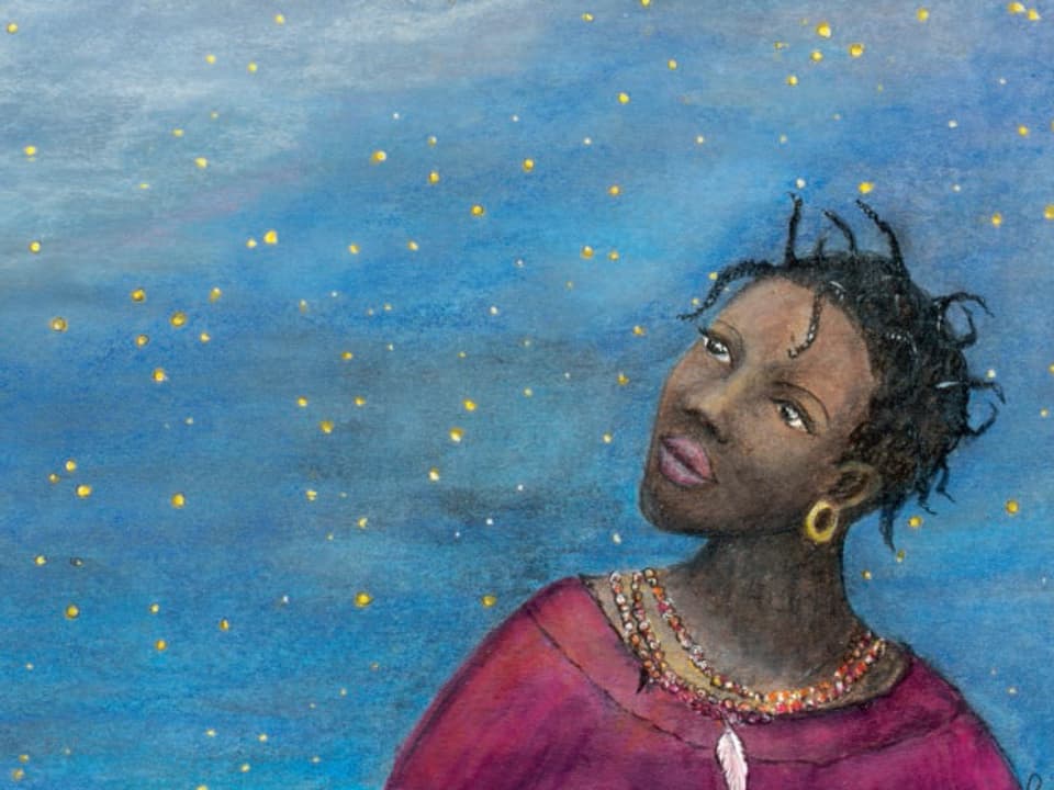Zeichnung aus dem Buch «Der grosse Wunsch»: Das Mädchen Semaya blickt in den Sternenhimmel