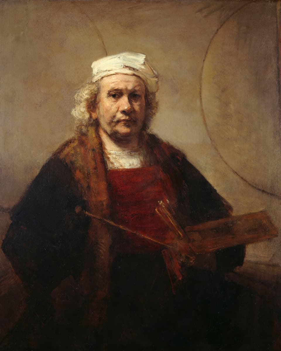 Gemälde: Selbstporträt, Rembrandt mit weisser Mütze. In der Hand hält er Pinsel und eine Palette