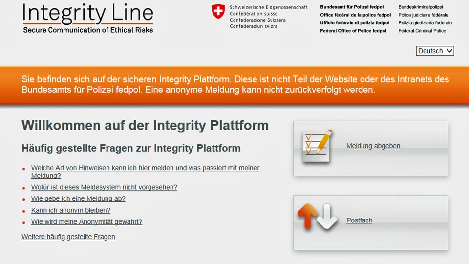 Screenshot der Startseite der neuen Meldeplattform mit dem Namen Integrity Line