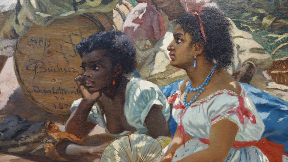 Gemaltes Porträt zweier junger schwarzer Frauen, die sitzen.