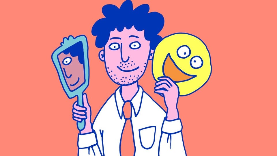 Illustration von einem Mann mit Smiley und Spiegel in der Hand