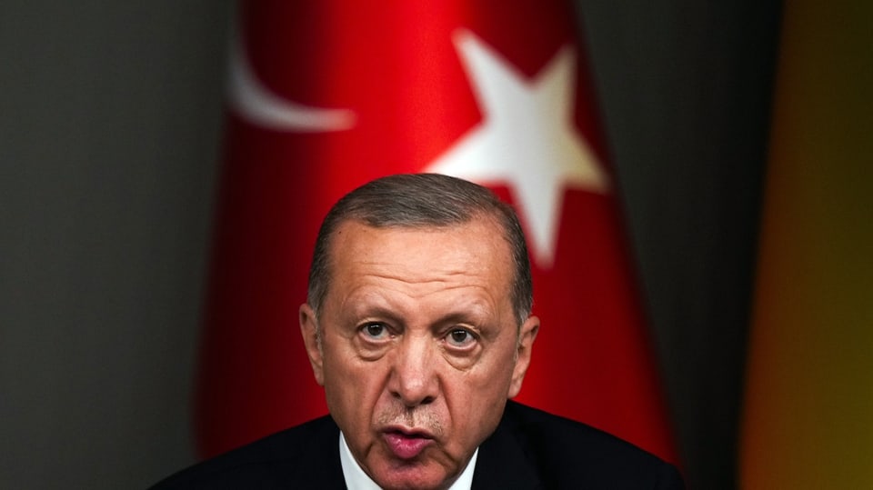 Erdogan spricht vor einer türkischen Flagge