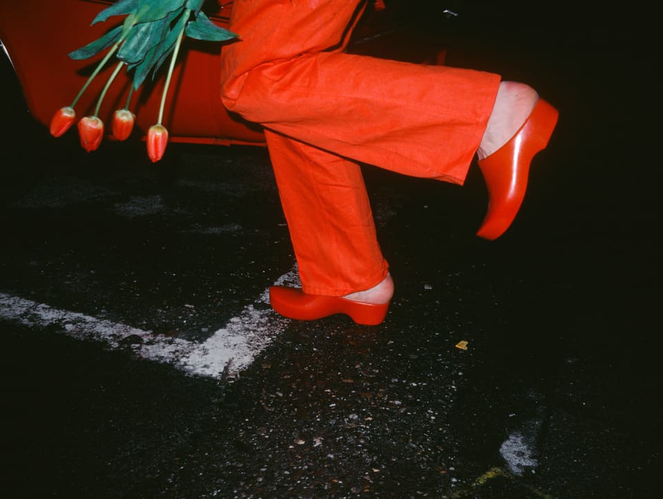 Rote Tulpen, getragen von einer Person, von der nur die roten Beine zu sehen sind.