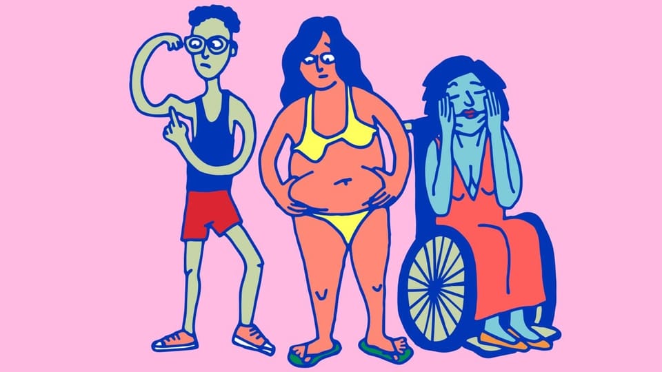 eine Illustration von drei Menschen, im Bikini oder den Bizeps zeigend