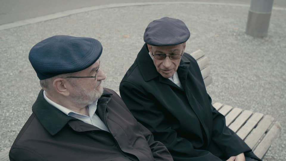 Zwei ältere Männer sitzen auf einer Parkbank