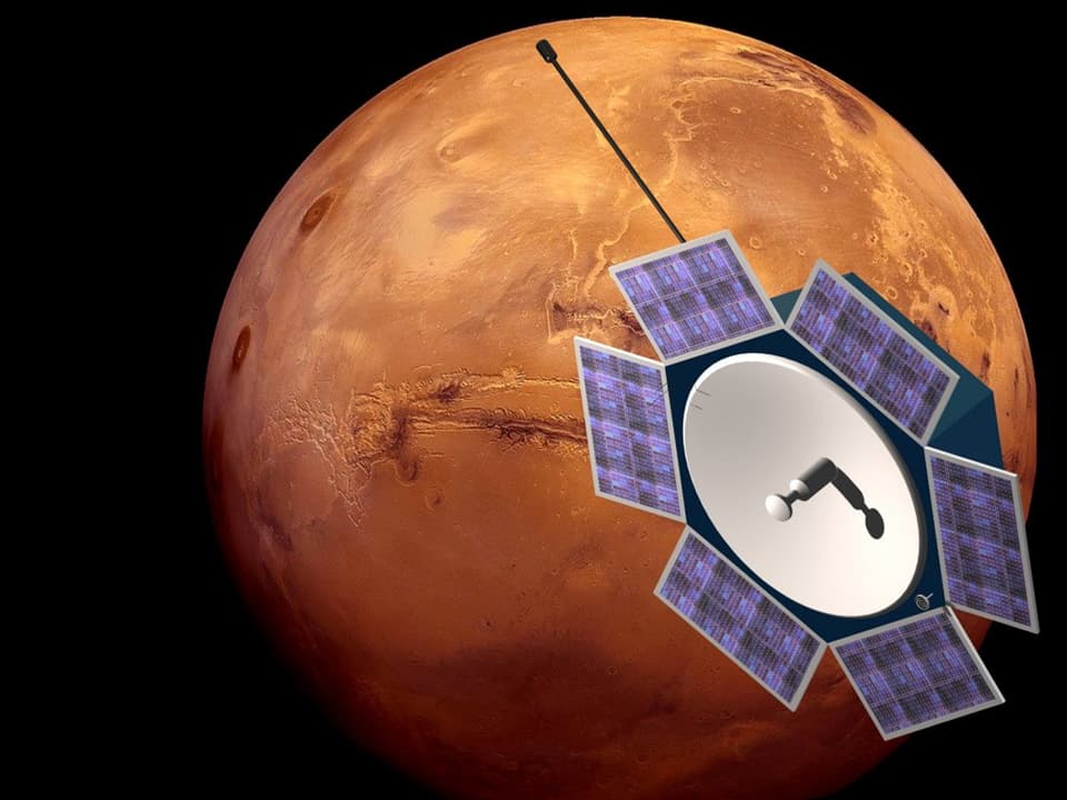 Kollage: ein Satellit vor dem Mars