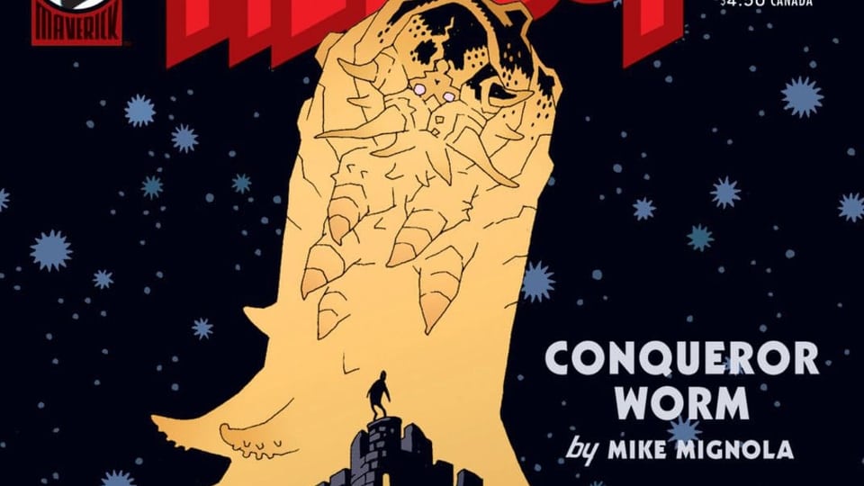 Comic-Titelbild: Ein gigantischer Wurm bäumt sich auf vor einer winzig scheinenden Gestalt. Daneben steht der Titel "Conqueror Worm by Mike Mignola".