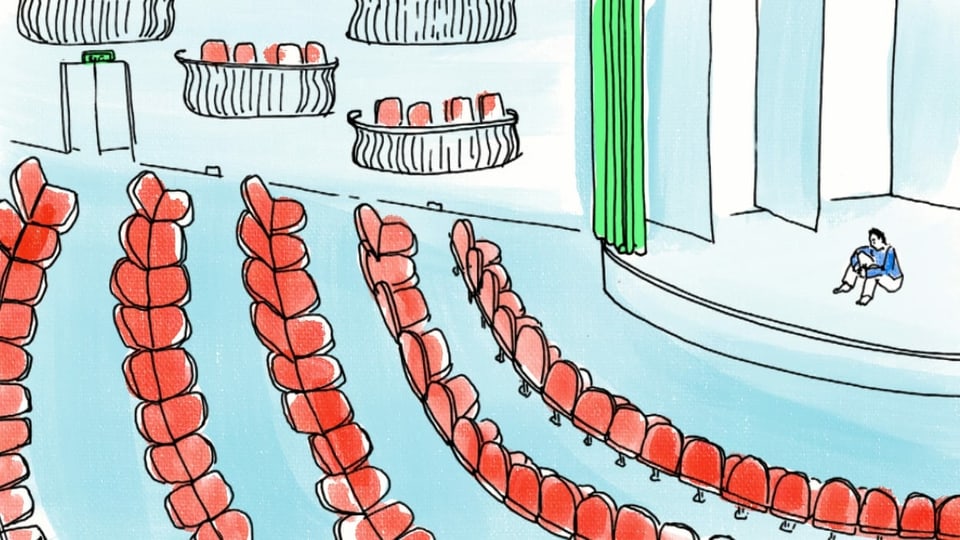 Illustration eines leeren Theatersaals mit einer einzelnen Figur, die auf der Bühne sitzt.