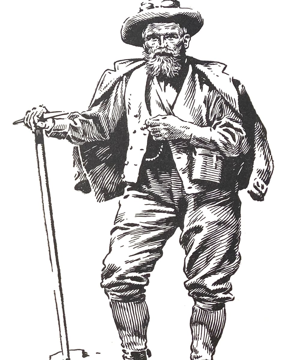 schwarzweiss-Zeichnung eines Manns mit Hut und Bickel, Hand vor der Brust, Bart, Bergsteigersocken über Hosen.